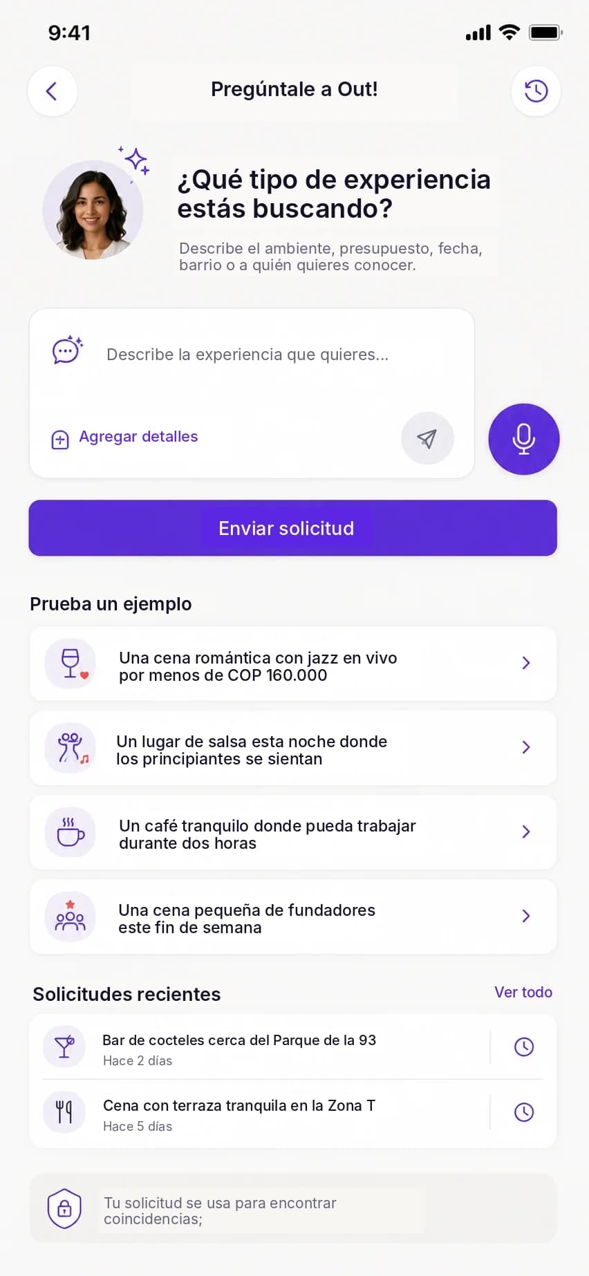Vista previa de la aplicación Out! con recomendaciones, descubrimiento y chat grupal