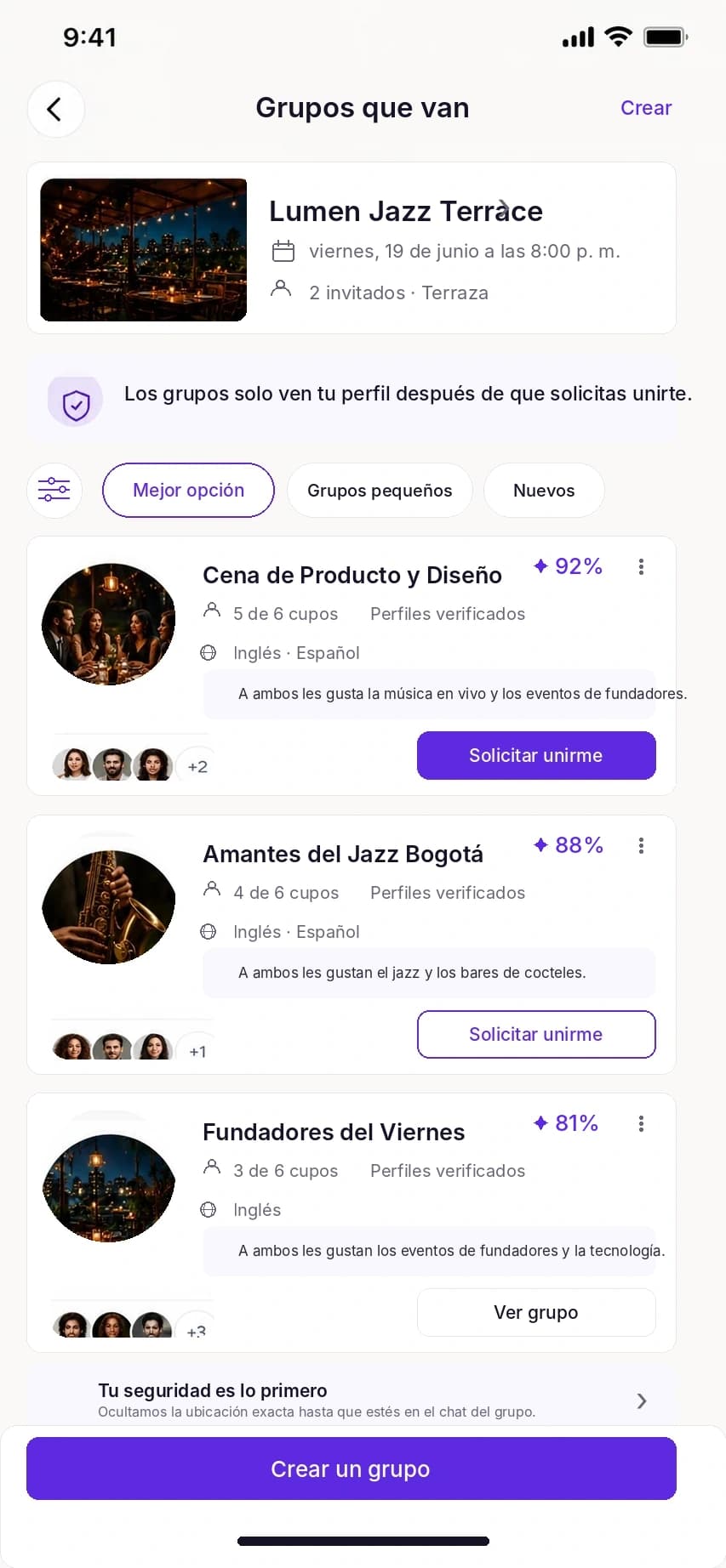 Grupo social para unirse a una experiencia en Out!
