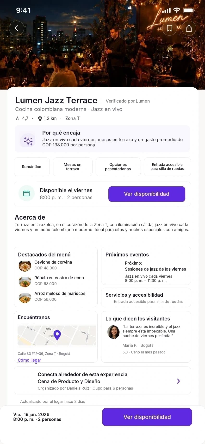 Detalle de un lugar en la aplicación Out!