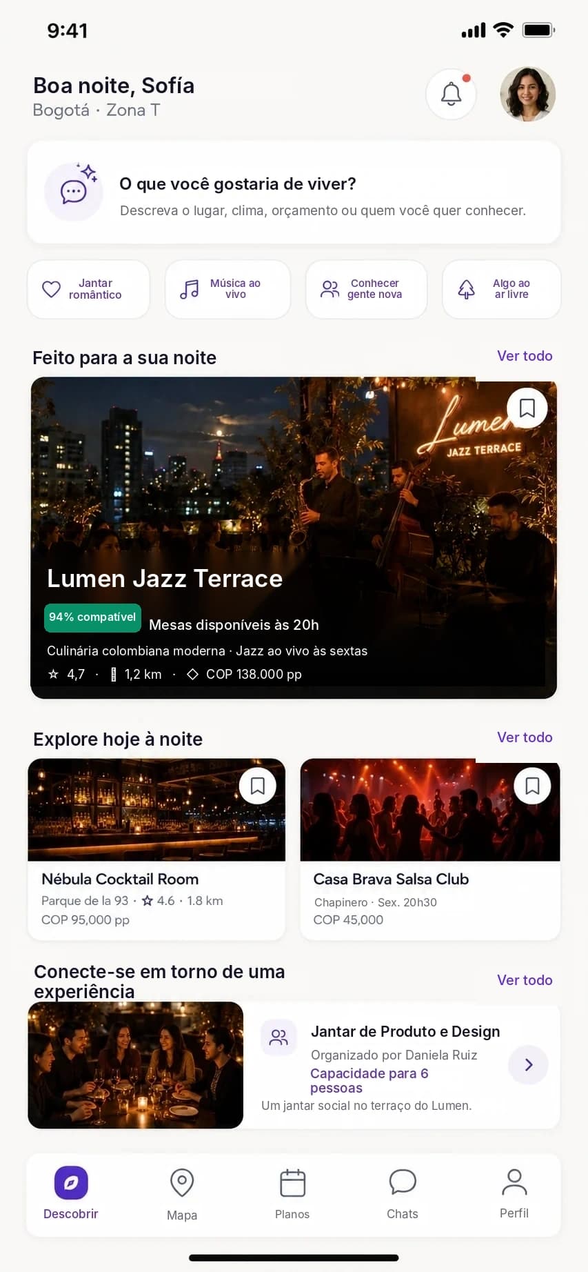 Prévia do aplicativo Out! com recomendações, descoberta e organização em grupo